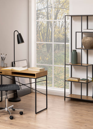 Seaford Tall Black Metal Bookcase with 5 Oak Shelves