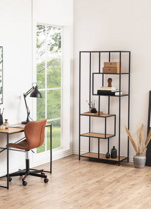Seaford Tall Black Metal Bookcase with 5 Oak Shelves