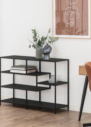 Seaford Wide Black Metal Bookcase with 4 Black Oak Shelves