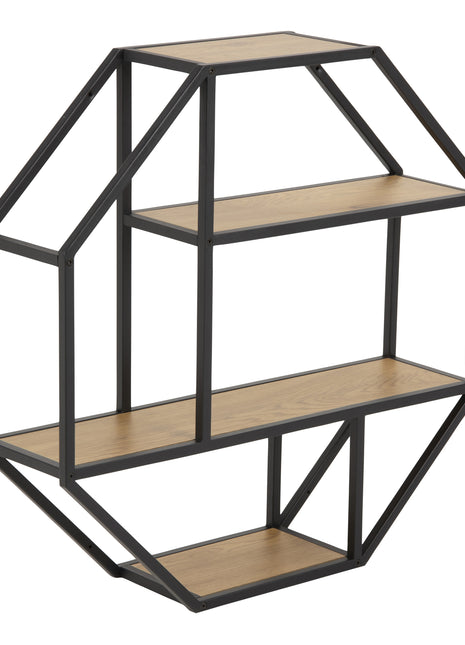 Seaford Octagonal Metal Wall Shelf in Black & Oak