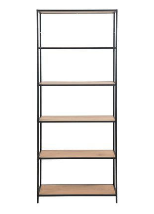 Seaford Tall Black Metal Bookcase with 5 Shelves in Oak