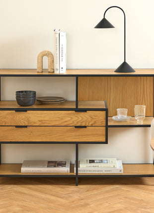 Seaford Wide Oak Metal Bookcase 2 Drawers and 3 Shelves in Matt Wild Oak