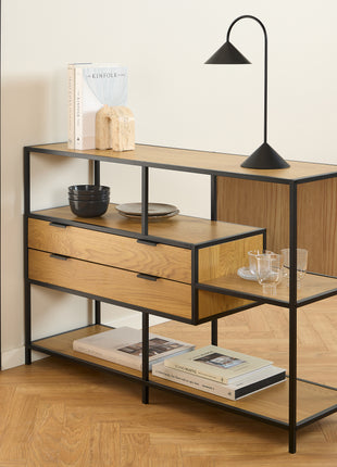 Seaford Wide Oak Metal Bookcase 2 Drawers and 3 Shelves in Matt Wild Oak