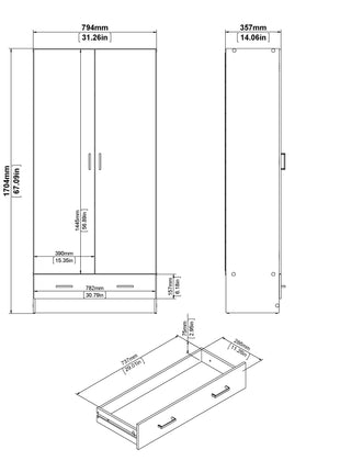 Space Wardrobe with 2 Doors + 1 Drawer in White 1750
