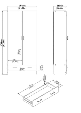 Space Wardrobe with 2 Doors + 1 Drawer in Oak 1750