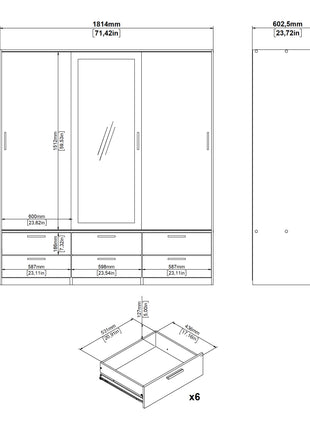 Line Wardrobe with 3 Doors 6 Drawers in Oak with White High Gloss