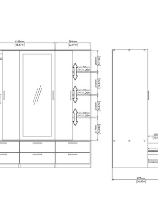 Line Wardrobe with 3 Doors 6 Drawers in Oak with White High Gloss