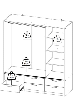 Line Wardrobe with 3 Doors 6 Drawers in Oak with White High Gloss