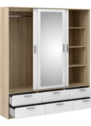 Line Wardrobe with 3 Doors 6 Drawers in Oak with White High Gloss