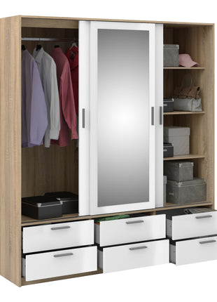 Line Wardrobe with 3 Doors 6 Drawers in Oak with White High Gloss
