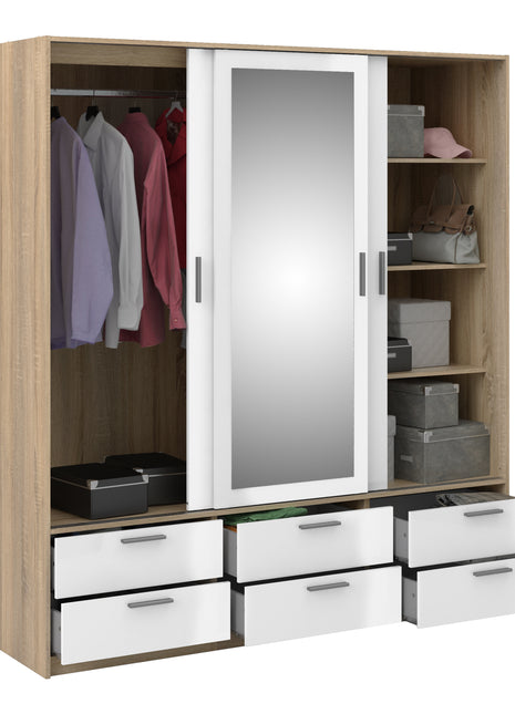 Line Wardrobe with 3 Doors 6 Drawers in Oak with White High Gloss