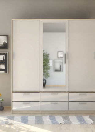 Line Wardrobe with 3 Doors 6 Drawers in Oak with White High Gloss