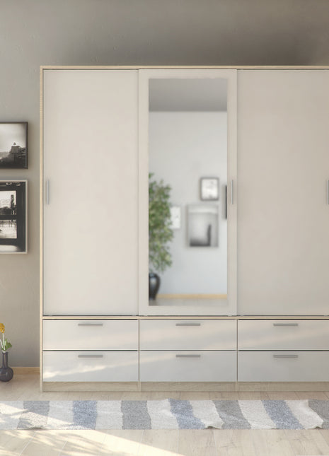 Line Wardrobe with 3 Doors 6 Drawers in Oak with White High Gloss