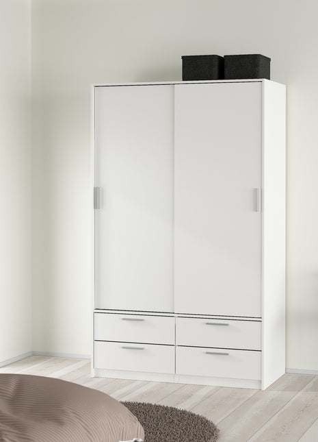 Line Wardrobe with 2 Sliding Doors and 4 Drawers, White