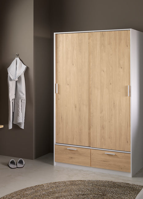 Line Wardrobe with 2 Doors 2 Drawers in White and Jackson Hickory Oak