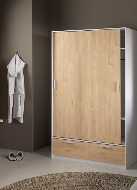 Line Wardrobe with 2 Doors 2 Drawers in White and Jackson Hickory Oak