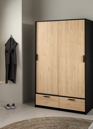 Line Wardrobe with 2 Doors 2 Drawers in Black and Jackson Hickory Oak