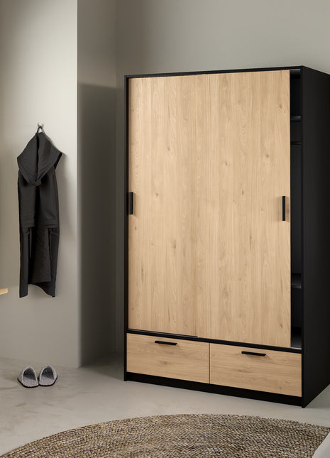 Line Wardrobe with 2 Doors 2 Drawers in Black and Jackson Hickory Oak