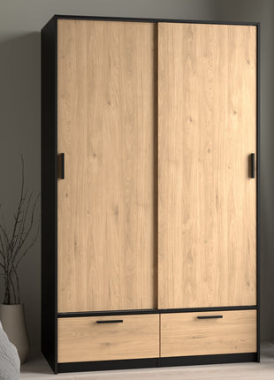 Line Wardrobe with 2 Doors 2 Drawers in Black and Jackson Hickory Oak