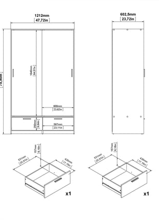 Line Wardrobe with 2 Doors 2 Drawers in White and Concrete