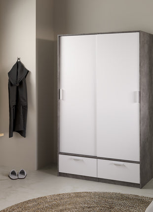 Line Wardrobe with 2 Doors 2 Drawers in White and Concrete