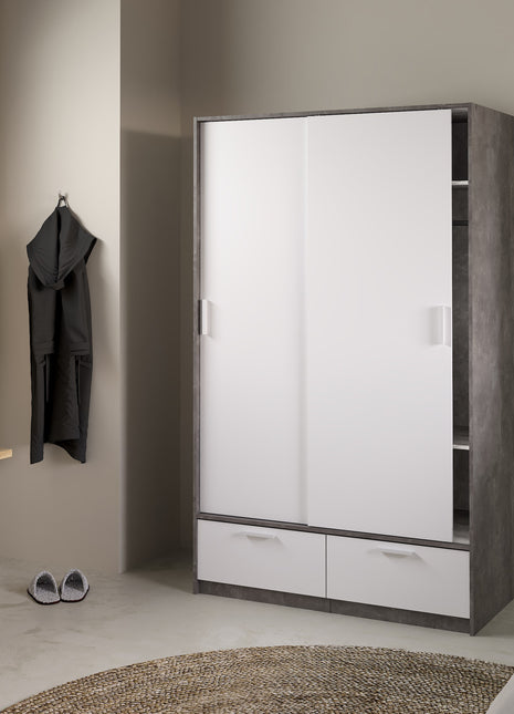 Line Wardrobe with 2 Doors 2 Drawers in White and Concrete