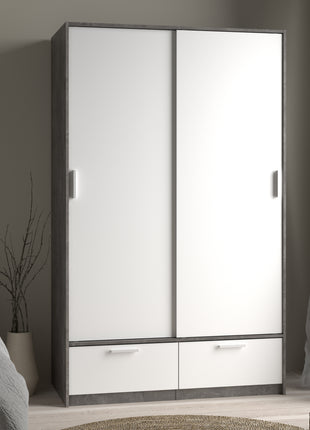Line Wardrobe with 2 Doors 2 Drawers in White and Concrete