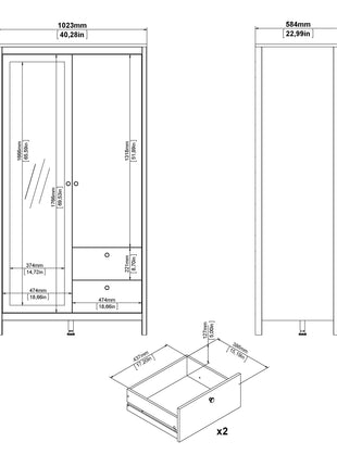Barcelona Wardrobe with 1 door + 1 mirror door + 2 drawers White
