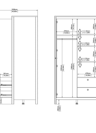 Barcelona Wardrobe with 1 door + 1 mirror door + 2 drawers White