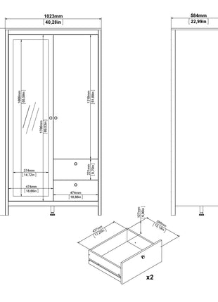 Barcelona Wardrobe with 1 door + 1 Mirror Door + 2 Drawers Matt Black