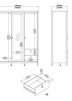 Barcelona Wardrobe with 2 doors + 1 mirror door + 2 drawers White