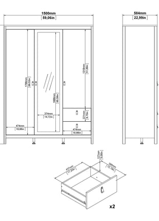 Barcelona Wardrobe with 2 doors + 1 mirror door + 2 drawers Matt Black