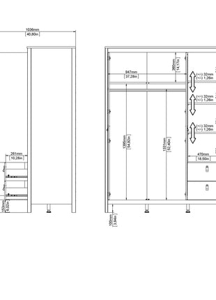 Barcelona Wardrobe with 2 doors + 1 mirror door + 2 drawers Matt Black
