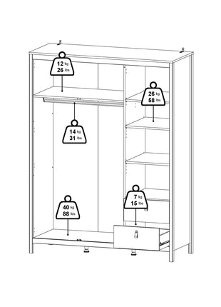 Barcelona Wardrobe with 2 doors + 1 mirror door + 2 drawers Matt Black
