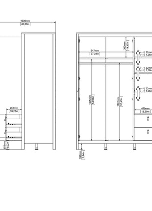 Madrid  Wardrobe with 2 Doors 1 Mirror Door 2 Drawers White