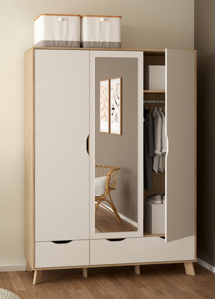 Ikast Wardrobe 3 Doors and 2 Drawers with Mirror in Jackson Hickory and White