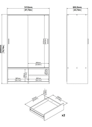 Line Wardrobe with 2 Sliding Doors 1 Small Door and 2 Drawers in Jackson Hickory Oak