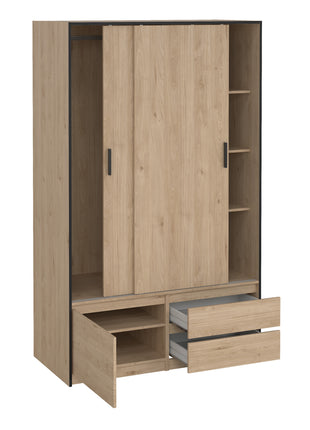 Line Wardrobe with 2 Sliding Doors 1 Small Door and 2 Drawers in Jackson Hickory Oak