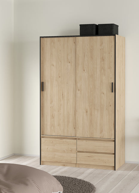 Line Wardrobe with 2 Sliding Doors 1 Small Door and 2 Drawers in Jackson Hickory Oak