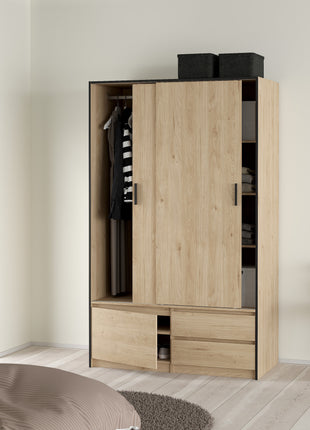 Line Wardrobe with 2 Sliding Doors 1 Small Door and 2 Drawers in Jackson Hickory Oak