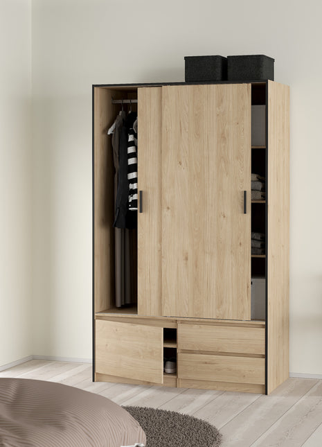 Line Wardrobe with 2 Sliding Doors 1 Small Door and 2 Drawers in Jackson Hickory Oak