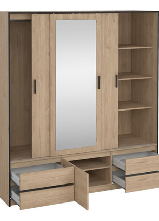 Line Wardrobe with 2 Sliding Doors 1 Sliding Door with Mirror in Jackson Hickory Oak