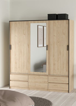 Line Wardrobe with 2 Sliding Doors 1 Sliding Door with Mirror in Jackson Hickory Oak