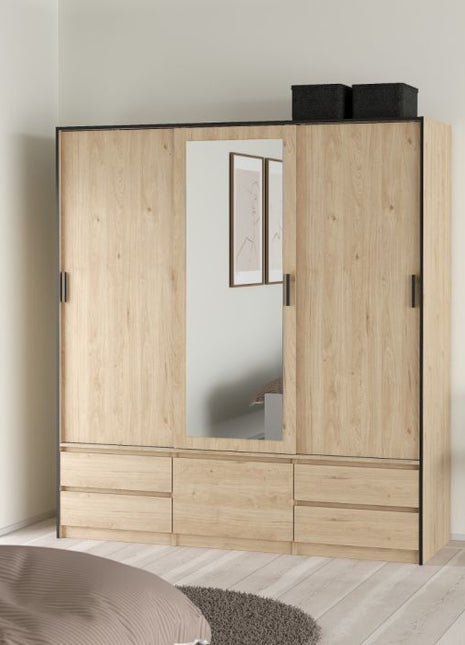 Line Wardrobe with 2 Sliding Doors 1 Sliding Door with Mirror in Jackson Hickory Oak