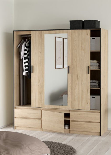 Line Wardrobe with 2 Sliding Doors 1 Sliding Door with Mirror in Jackson Hickory Oak