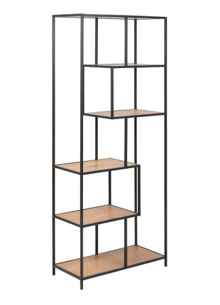 Seaford Tall Black Metal Bookcase with 5 Oak Shelves