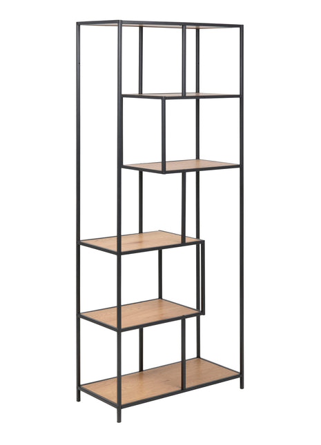 Seaford Tall Black Metal Bookcase with 5 Oak Shelves