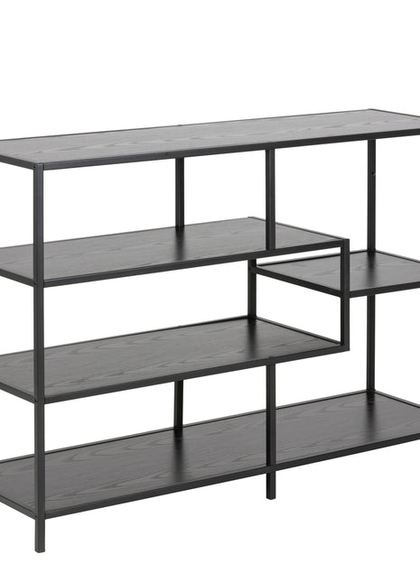 Seaford Wide Black Metal Bookcase with 4 Black Oak Shelves