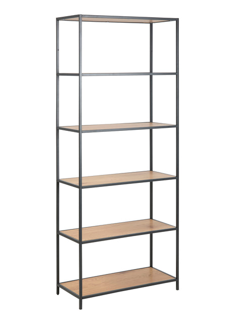 Seaford Tall Black Metal Bookcase with 5 Shelves in Oak