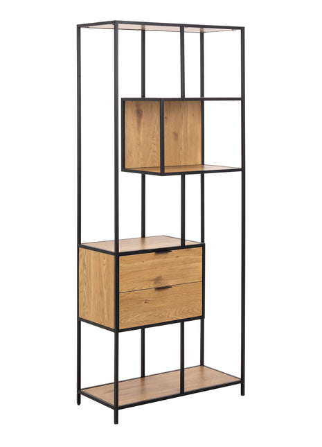 Seaford Tall Wild Oak Metal 2 Drawer Bookcase With 4 Shelves